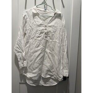 Women’s Cynthia Rowley White Linen Blouse Tunic Roll Tab Sleeve Medium Light